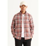AC&Co / Altınyıldız Classics Erkek Kıremıt-sıyah Slim Fit Dar Kesim Düğmeli Yaka Pamuklu Ekose Desenli Flanel Oduncu Gömlek
