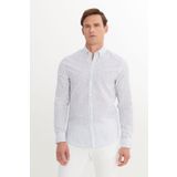 AC&Co / Altınyıldız Classics Erkek Lacivert %100 Pamuk Slim Fit Dar Kesim Düğmeli Gömlek Yaka Armürlü Gömlek