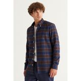AC&Co / Altınyıldız Classics Erkek Lacivert-Kahverengi Slim Fit Dar Kesim Düğmeli Yaka %100 Pamuk Oduncu Gömlek