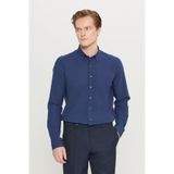 AC&Co / Altınyıldız Classics Erkek Lacivert Keten Görünümlü %100 Pamuk Nefes Alabilen Kumaş Flamlı Slim Fit Düğmeli Yaka Gömlek
