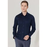 AC&Co / Altınyıldız Classics Erkek Lacivert Slim Fit Dar Kesim Gizli Düğme Yaka %100 Pamuk Gömlek