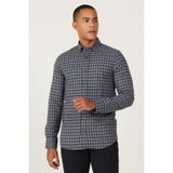 AC&Co / Altınyıldız Classics Erkek Lacivert Slim Fit Dar Kesim Gizli Düğme Yaka Kareli Kalın Tuşeli Kışlık Gömlek