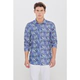 AC&Co / Altınyıldız Classics Erkek Lacivert-Yeşil %100 Pamuk Slim Fit Büyük İtalyan Yaka Baskılı Gömlek