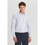 AC&Co / Altınyıldız Classics Erkek Mavi-Beyaz Non-Iron Ütü Gerektirmeyen %100 Pamuk Slim Fit Dar Kesim Klasik Yaka Armürlü Gömlek