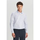 Ac&co / Altınyıldız Classics Erkek Mavi-Beyaz Ütü Gerektirmeyen %100 Pamuk Slim Fit Klasik Yaka Armürlü Gömlek