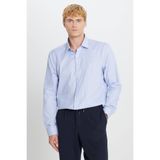 AC&Co / Altınyıldız Classics Erkek Mavi-Gri Ütü Gerektirmeyen %100 Pamuk Slim Fit Klasik Yaka Armürlü Gömlek