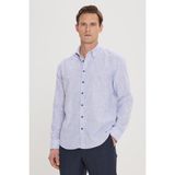 AC&Co / Altınyıldız Classics Erkek Mavi Slim Fit Dar Kesim Gizli Düğmeli Yaka Keten Görünümlü %100 Pamuk Flamlı Gömlek