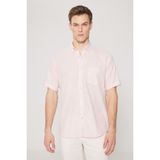 AC&Co / Altınyıldız Classics Erkek Pembe Comfort Fit Rahat Kesim Düğmeli Yaka Keten Görünümlü %100 Pamuk Kısa Kollu Gömlek