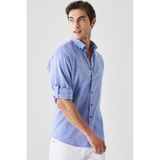 AC&Co / Altınyıldız Classics Erkek Saks Mavi Comfort Fit Rahat Kesim Düğmeli Yaka Casual Keten Gömlek 4A2022200085SKSXL Saks