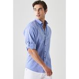 AC&Co / Altınyıldız Classics Erkek Saks Mavi Comfort Fit Rahat Kesim Düğmeli Yaka Casual Keten Gömlek