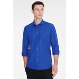 AC&Co / Altınyıldız Classics Erkek Saks-Mavi Pamuklu Slim Fit Dar Kesim Küçük İtalyan Yaka Baskılı Gömlek