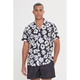AC&Co / Altınyıldız Classics Erkek Siyah-Beyaz %100 Pamuk Slim Fit Dar Kesim Küba Yaka Kısa Kollu Baskılı Gömlek