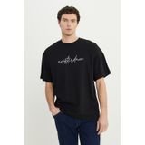 AC&Co / Altınyıldız Classics Erkek Sıyah Beyaz Oversize %100 Pamuk Geniş Kesim Baskılı Bisiklet Yaka Tişört Siyah Beyaz