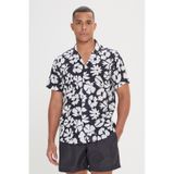 Ac&Co / Altınyıldız Classics Erkek Sıyah Beyaz Slim Fit Dar Kesim Küba Yaka Kısa Kollu Baskılı Gömlek Sıyah Beyaz