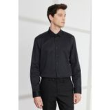 AC&Co / Altınyıldız Classics Erkek Sıyah Slim Fit Dar Kesim Klasik Yaka Pamuklu Armürlü Gömlek