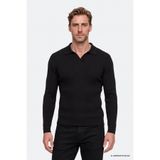 AC&Co / Altınyıldız Classics Erkek Siyah Standart Fit Normal Kesim Polo Yaka Jakarlı Triko Kazak