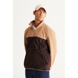 AC&Co / Altınyıldız Classics Erkek Sutlu Kahve-kahve Anti-pilling Tüylenme Yapmayan Standart Fit Bato Yaka İçi Polarlı Çift Renk Polar Sweatshirt Sütlü Kahverengi