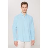 AC&Co / Altınyıldız Classics Erkek Turkuaz Comfort Fit Rahat Kesim Düğmeli Yaka Casual Keten Gömlek