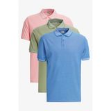 AC&Co / Altınyıldız Classics Erkek Yesıl-Acık Pembe-Saks Çekmeyen Pamuklu Kumaş Slim Fit Dar Kesim 3 'Lü Kıvrılmaz Polo Yaka Tişört Çok Renkli