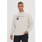 AC&Co / Altınyıldız Classics Harvard Lisanslı 3 İplik Pamuklu Oversize Fit Bol Kesim Erkek Açık Bej Bisiklet Yaka Sweatshirt