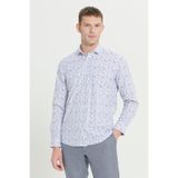 AC&Co/Altınyıldız Classics Erkek Beyaz-Lacivert Pamuklu Slim Fit Dar Kesim Küçük İtalyan Yaka Baskılı Gömlek