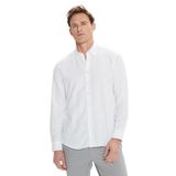 AC&Co/Altınyıldız Classics Erkek Beyaz%100 Pamuk Slim Fit Dar Kesim Gizli Düğmeli Yaka Keten Görünümlü Flamlı Gömlek, Beyaz, L