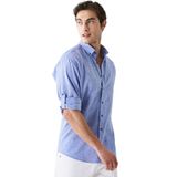 AC&Co/Altınyıldız Classics Erkek Saks Mavi Keten Comfort Fit Rahat Kesim Düğmeli Yaka Casual Gömlek, Saks Mavi, M