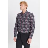 AC&Co/Altınyıldız Classics Erkek SIYAH KIRMIZI%100 Pamuk Slim Fit Dar Kesim Büyük İtalyan Yaka Baskılı Gömlek