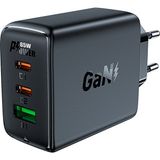 Acefast Duvar Şarj Cihazı Type-C ve USB Çıkış PD65W Telefon ve Tablet Fast Charge Wall Charger Gan Hızlı Şarj Başlığı (2xusb-C + Usb-A) Eu A41 - Siyah