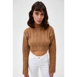 AÇELYAOKCU Balıkçı Yaka Çizgili Crop Kazak - Standart - Camel