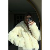AÇELYAOKCU Premium Kapüşonlu Kadın Rex Suni Kürk Ceket - Ekru - 2XL