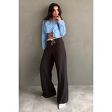 Acı Kahve Çift Bel Bantlı Wide Leg Kadın Pantolon MG2551