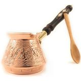 Aci (Orta-14 Fl Oz) - Kalın Masif Oyulmuş Bakır Ahşap Saplı Türk Yunan Arapça Cezve, Ocak Üstü Kahve Makinesi, Jazzve, Cezve, Ibrik, Briki, Café Turco