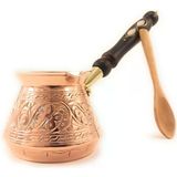 Aci (Orta-14 Fl Oz) - Kalın Masif Oyulmuş Bakır Ahşap Saplı Türk Yunan Arapça Cezve, Ocak Üstü Kahve Makinesi, Jazzve, Cezve, Ibrik, Briki, Café Turco