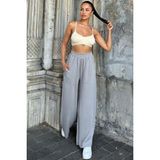 Açık Gri Beli Lastikli, Cepli, Bol Paça, Salaş Pantolon - 42