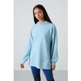 Açık Mavi Balon Kol Yazı Nakışlı Kadın Oversize Tunik Sweatshirt - 97163