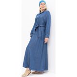 Açık Mavi-Yarım Patlı Kuşaklı Denim Elbise - 40