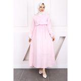 Açık Pembe Önü Büzgülü Müslin Elbise - 40