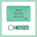 Açık Yeşil, Aşk Sevgi Huzur Yazılı İsme Özel, Cüzdan Ve Anahtarlık Set, Kendine, Arkadaşına Hediye, Günlük Kullanıma Uygun Set, Bozuk Para Çantası, Nakit ve Kredi Kartı Tutucu