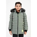 Açık Yeşil Erkek Çocuk Çıkartılabilir Kapüşonlu Şişme Deri Karışımlı Kumaş Mont&Kaban