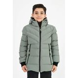 Açık Yeşil Erkek Çocuk Sabit Kapüşonlu Şişme Deri Karışımlı Kumaş Mont&Kaban