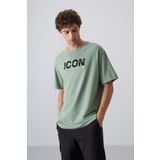 Açık Yeşil Pamuklu Kalın Yumuşak Dokulu Oversize Fit Baskılı Erkek T-Shirt - 88331