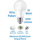ACK 15W Beyaz Işık LED Ampul 1450 Lümen E27 Duylu Yüksek Işık LED Lamba - 10 Adet
