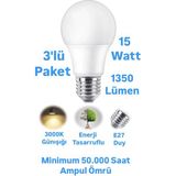 ACK 15W Günışığı LED Ampul 1350 Lümen E27 Duylu Yüksek Işık LED Lamba - 3 Adet