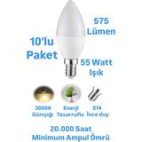 ACK 7W Buji LED Ampul Günışığı 575 Lümen Avize Ampulü Mum Ampul E14 Ince Duylu Ampul - 10 Adet