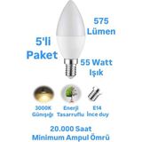 ACK 7W Buji LED Ampul Günışığı 575 Lümen Avize Ampulü Mum Ampul E14 Ince Duylu Ampul - 5 Adet