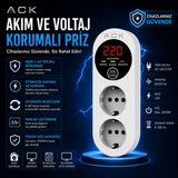 Ack Akım ve Voltaj Korumalı Priz | Çift Prizli | LED Ekranlı | 15 A |3000W Güç Kapasiteli | Aşırı ve Düşük Voltaj Koruması - Beyaz