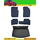 Ack Dizayn Hyundai I20 2015-2020 Araca Özel Üretim 4d Havuzlu Karbon Paspas Takımı + 3D Bagaj Havuzu - Siyah