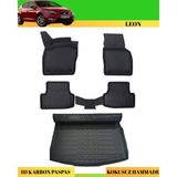 Ack Dizayn Seat Leon 2013+ Araca Özel Üretim 4d Havuzlu Karbon Paspas Takımı + 3D Bagaj Havuzu - Siyah