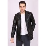 Aclassics Erkek Siyah Hakiki Deri Yakalı Düğmeli Klasik Casual Mont - 2XL